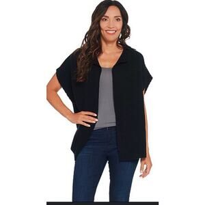 Womens Martha Stewart Wool Cashmere Blend Short Sleeve Ribbed Cardigan Black L